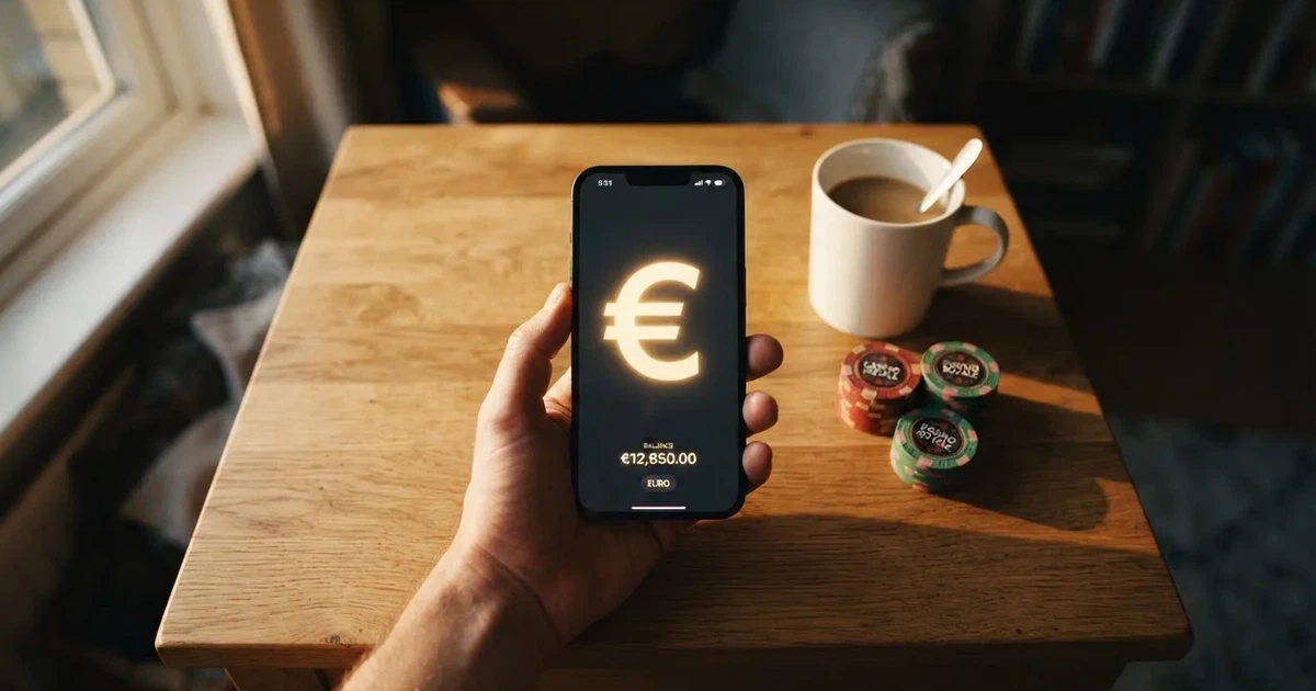 Een hand houdt een smartphone vast met een wazig bankapp-scherm, boven een houten bureau met een kop koffie.