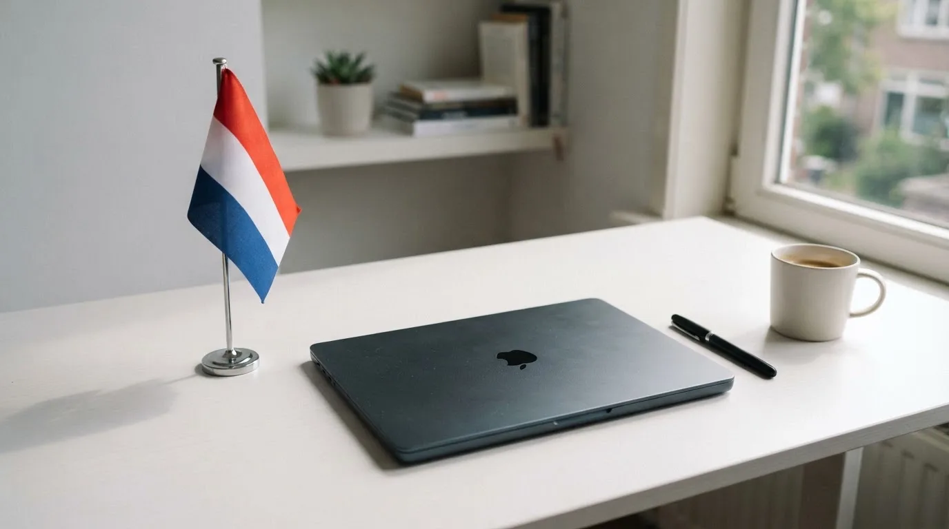 Een kantoorbureau met een Nederlandse vlag op een voetstuk naast een dichte laptop.