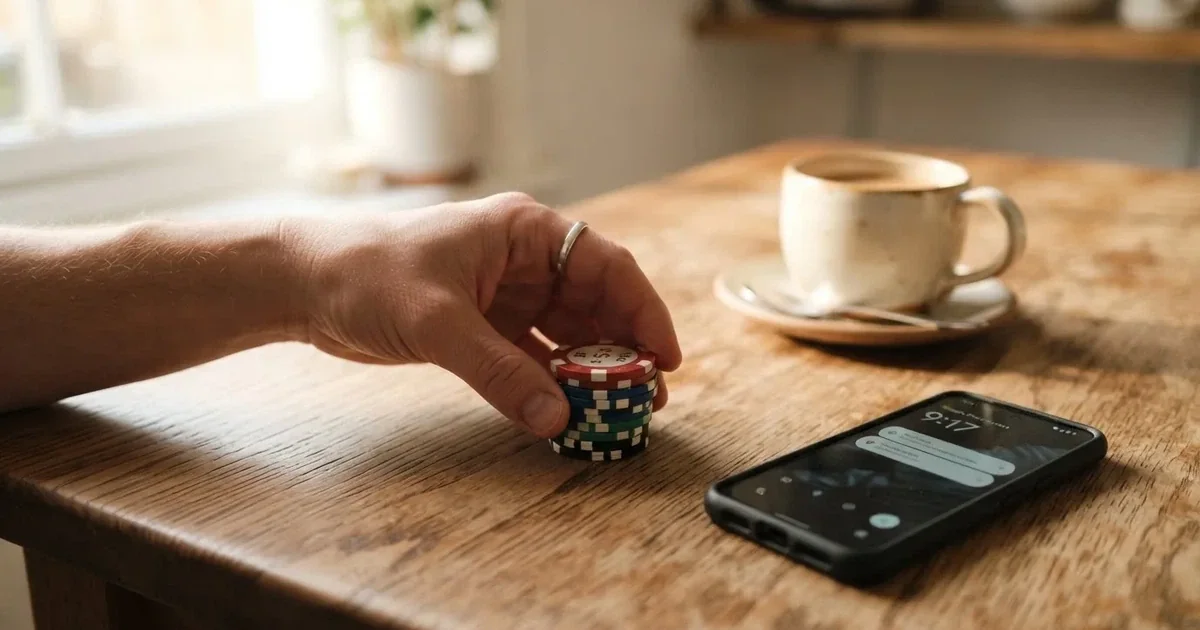 Iemand telt rustig wat muntgeld op een houten tafel naast een smartphone, in een lichte keuken.