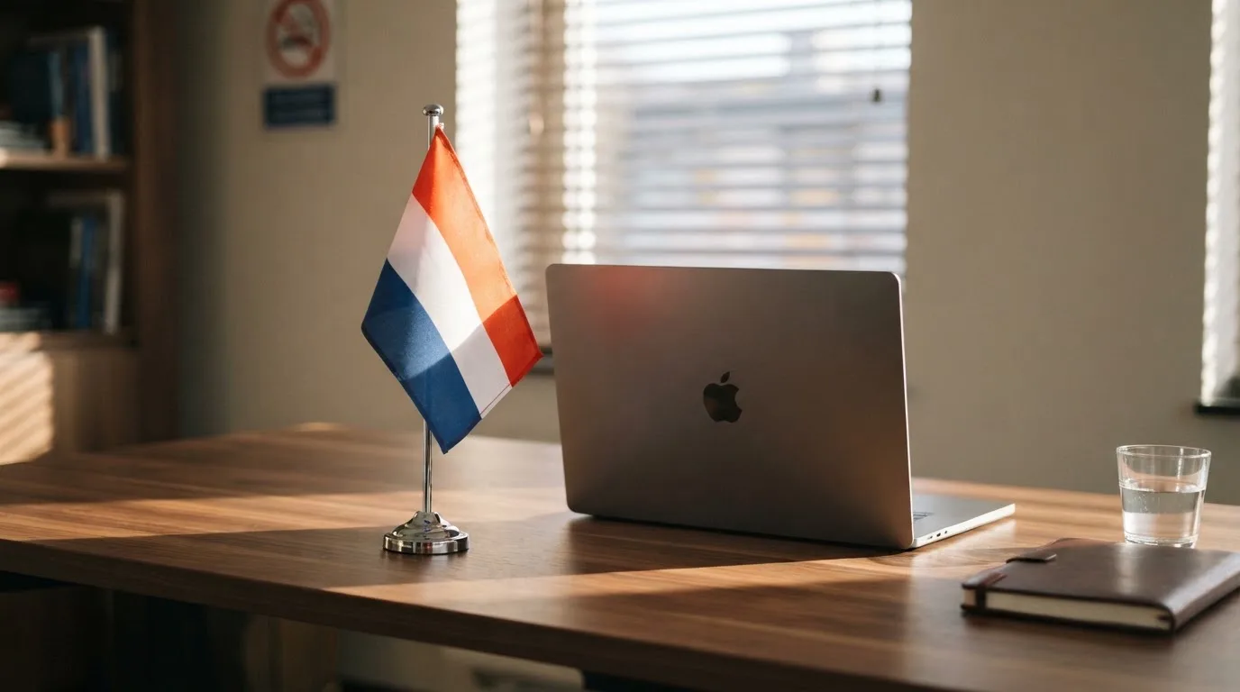 Een kantoorbureau met een Nederlandse vlag op een voetstuk naast een gesloten laptop.