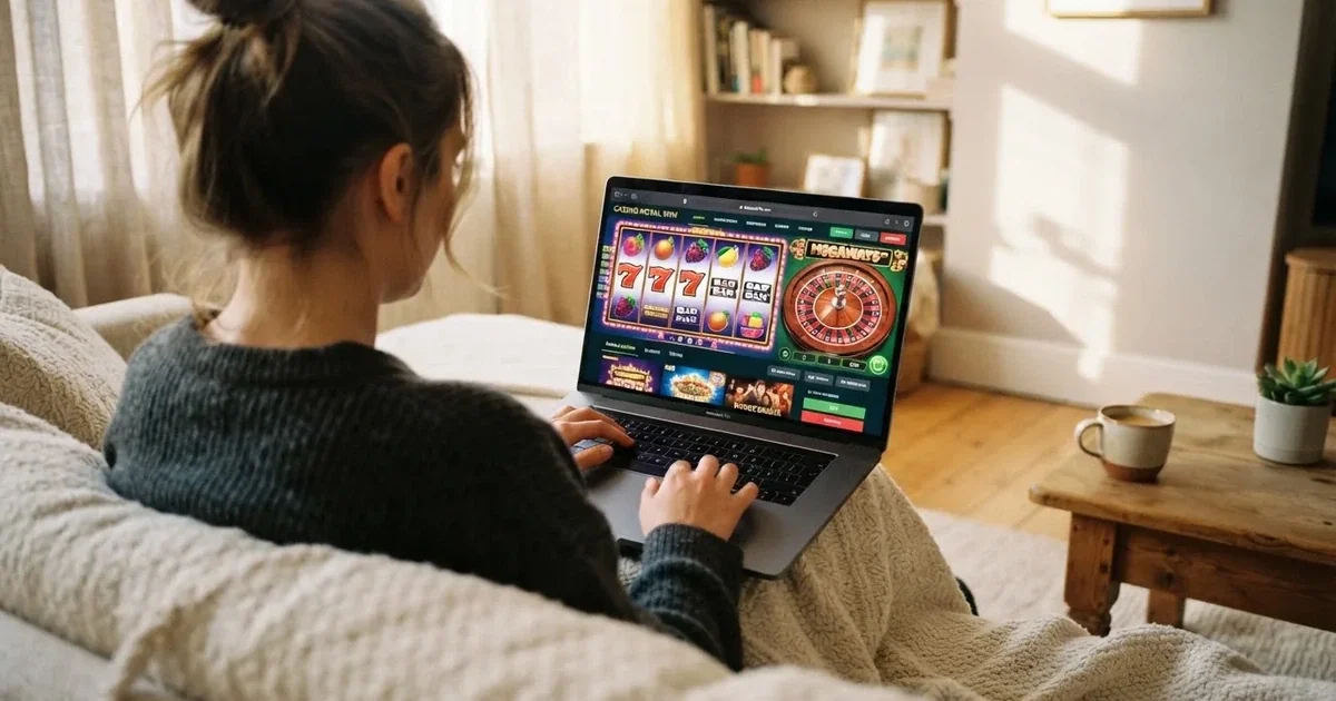 Een persoon zit ontspannen op een bank met een laptop en bekijkt casinospellen in een lichte huiskamer.
