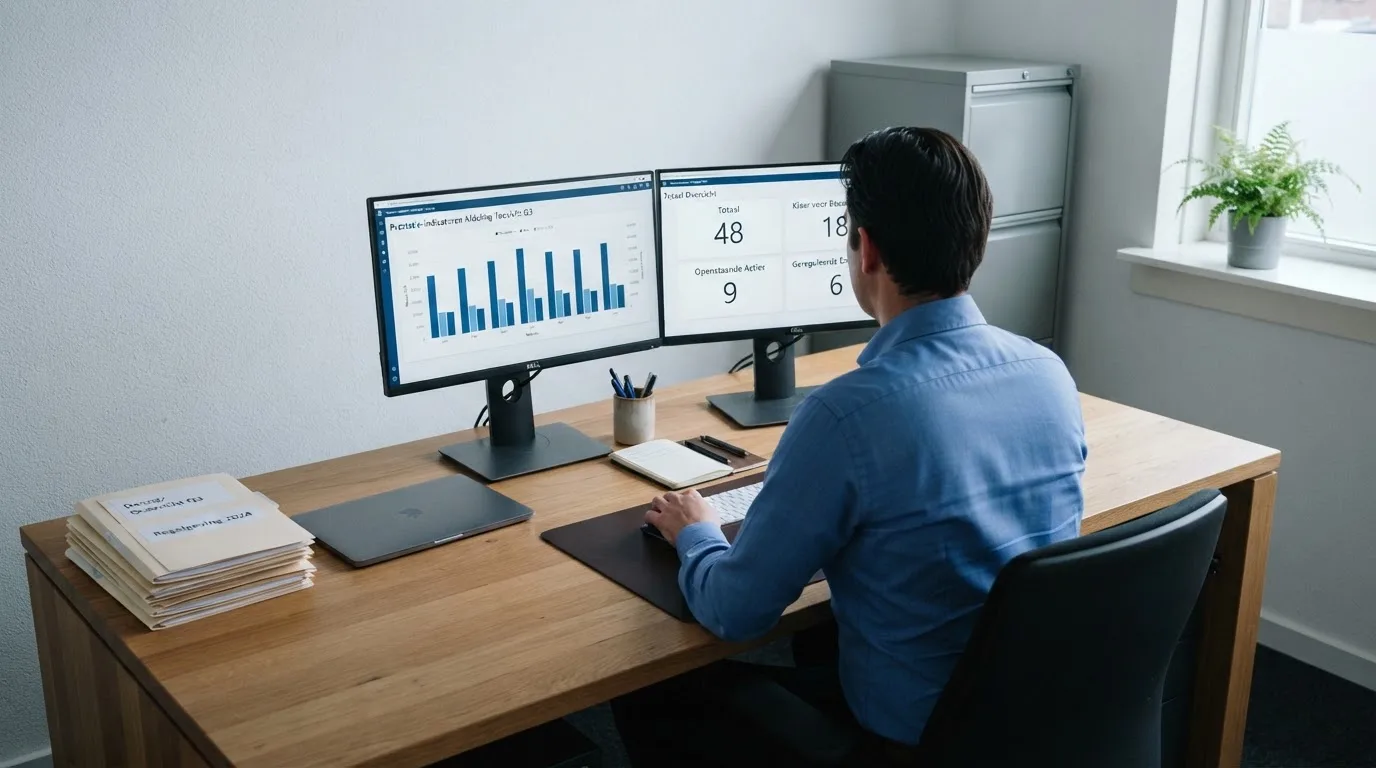Een medewerker van een toezichthoudende instantie werkt achter een bureau met meerdere monitoren in een professioneel kantoor.