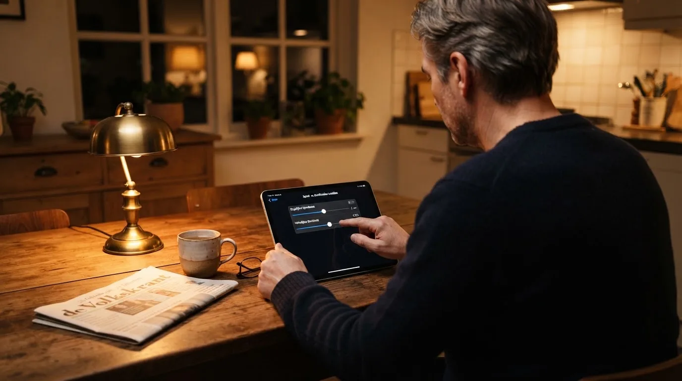 Een persoon bekijkt rustig instellingen voor speellimieten op een tablet aan een keukentafel in de avond.