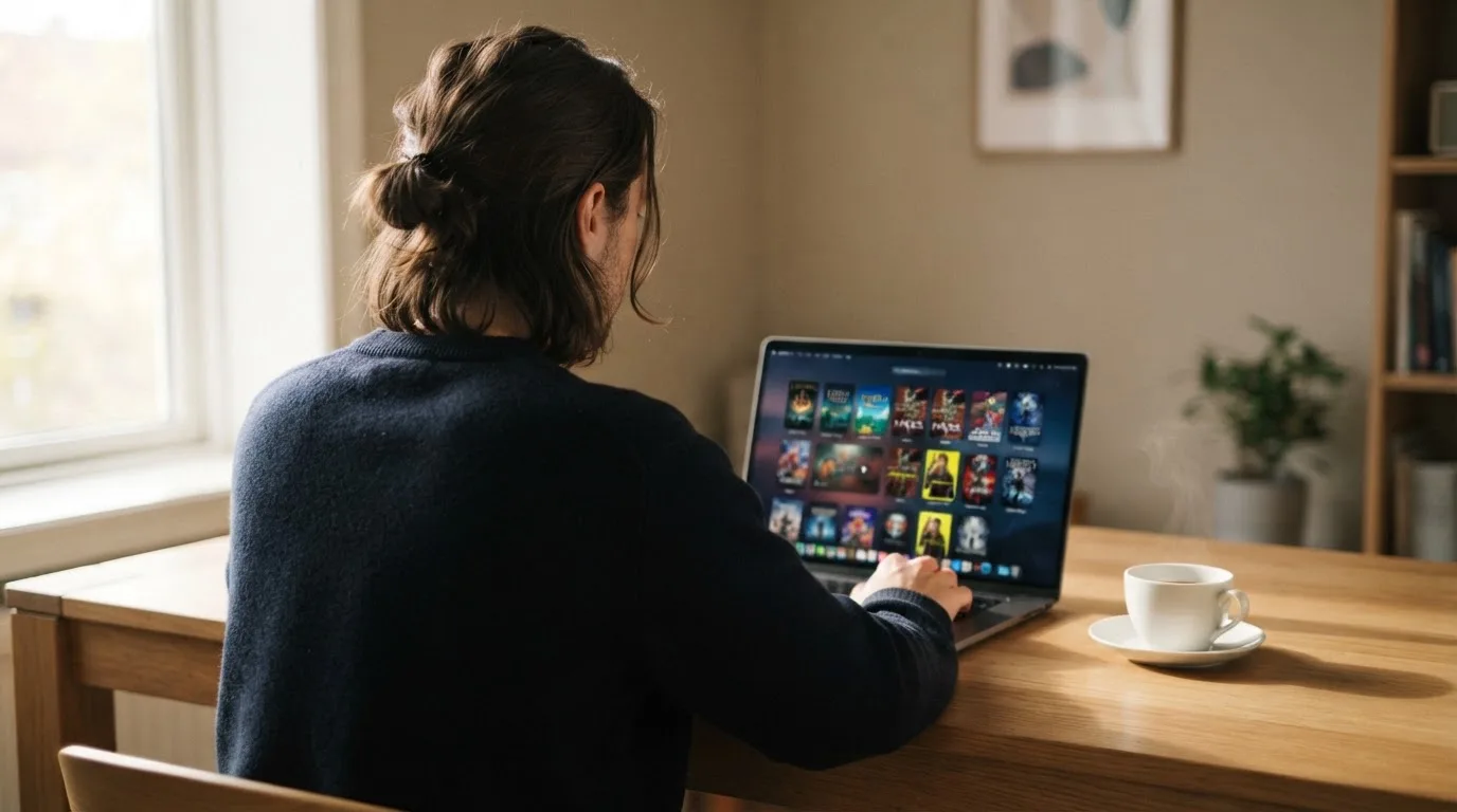 Een persoon zit aan een bureau met een kop koffie en bekijkt rustig een overzicht op een laptopscherm.