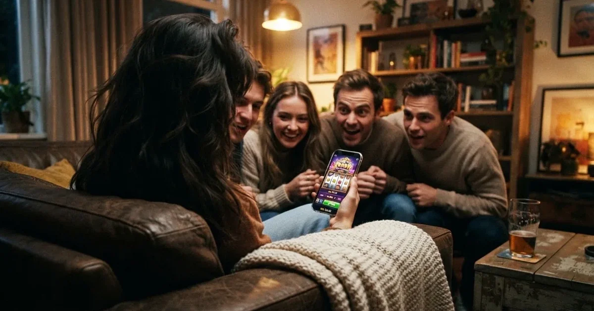 Een groep vrienden kijkt gespannen naar een smartphone tijdens het volgen van een ranglijst in een gezellige woonkamer.
