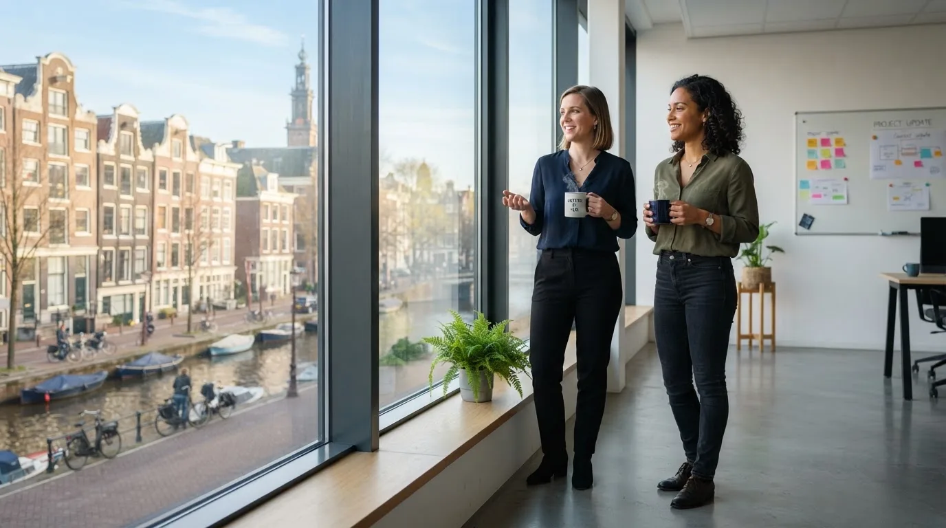 Twee collega's overleggen staand bij een raam in een modern kantoor tijdens een zonnige ochtend.
