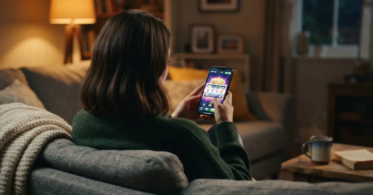 Een jonge vrouw zit glimlachend op de bank met een smartphone in de hand tijdens een rustige avond.