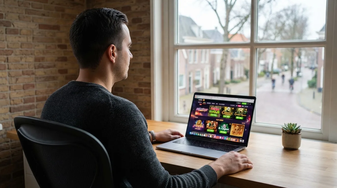 Een man zit aan een bureau met een laptop en kijkt rustig uit het raam.