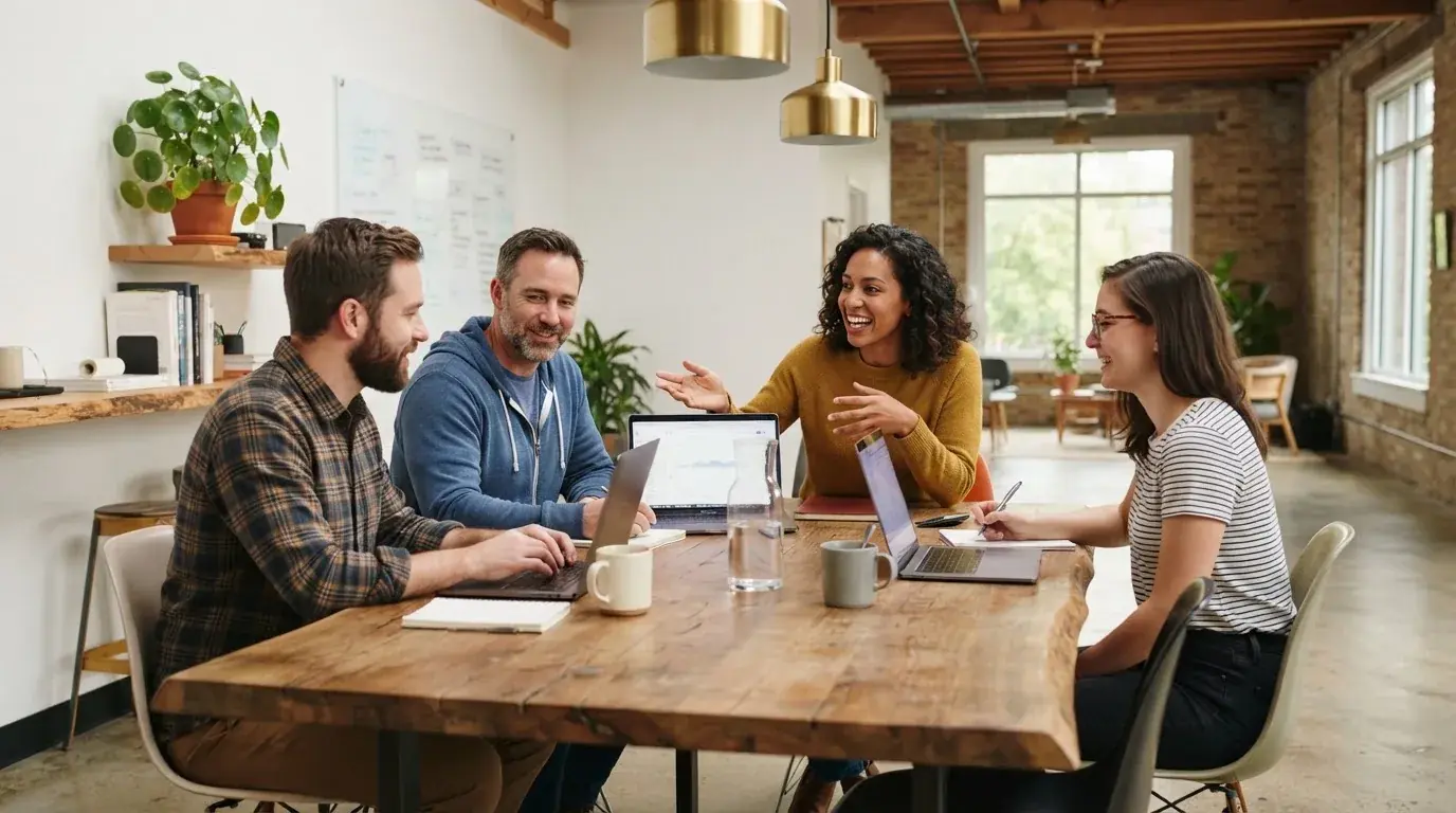 Een groep collega's zit rond een tafel met laptops tijdens een informeel overleg.