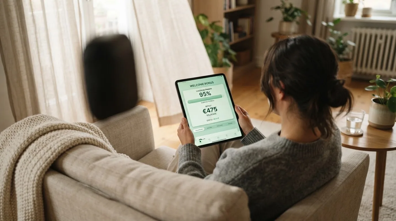 Een vrouw ontspant in een fauteuil met een tablet, terwijl er zacht licht door de gordijnen valt.